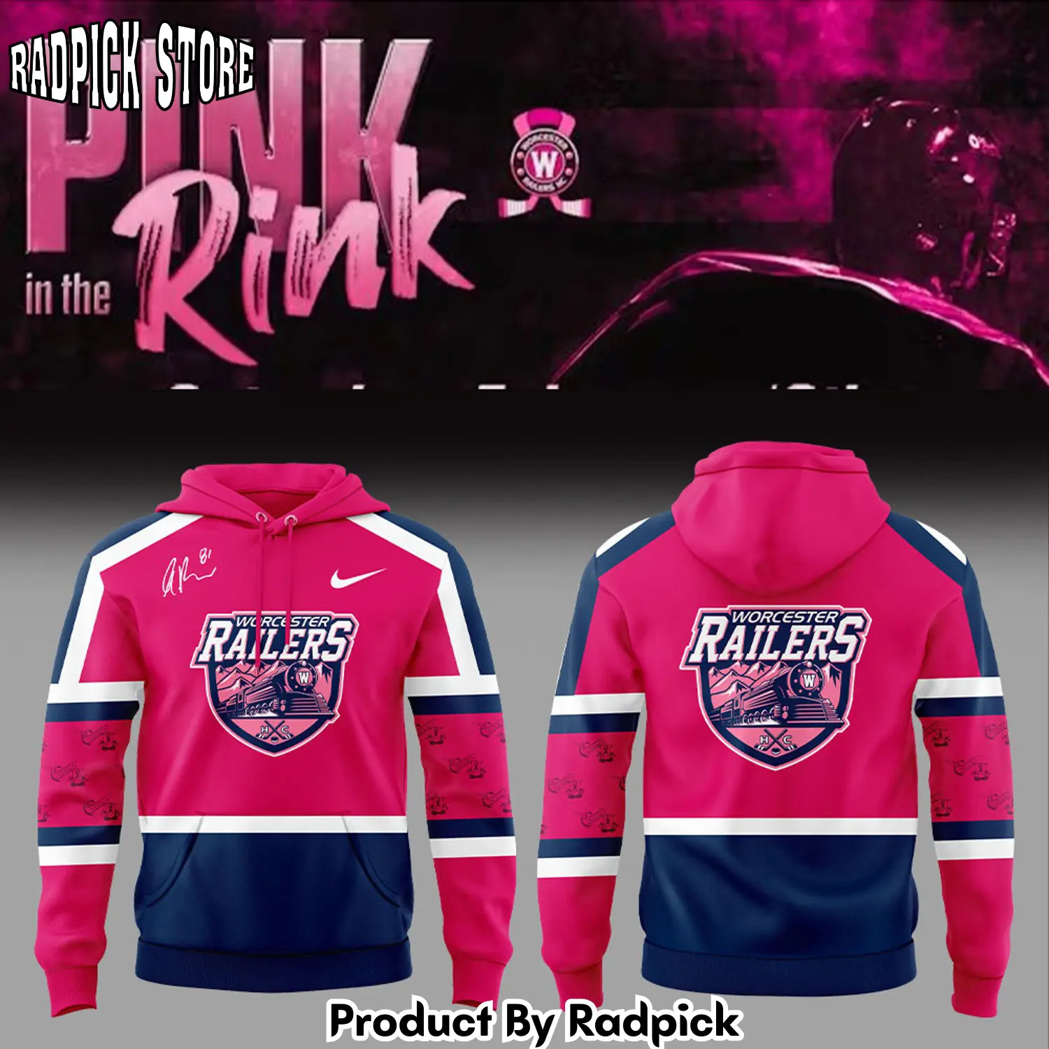 Worcester railers pink in the rink autographed anthony repaci bobblehead 3d hoodie rp29110